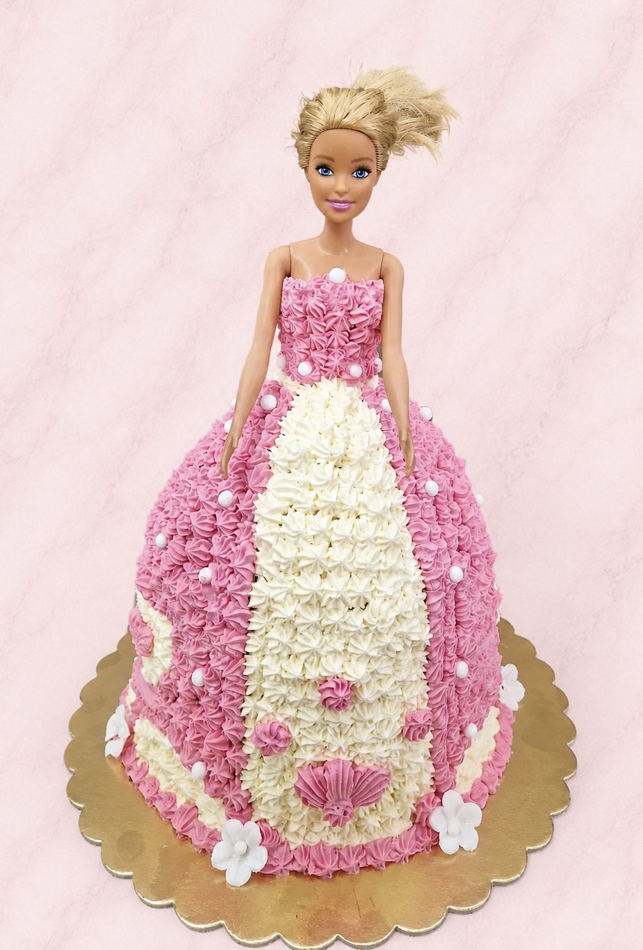 Barbie baba torta rózsaszín-fehér szoknyával