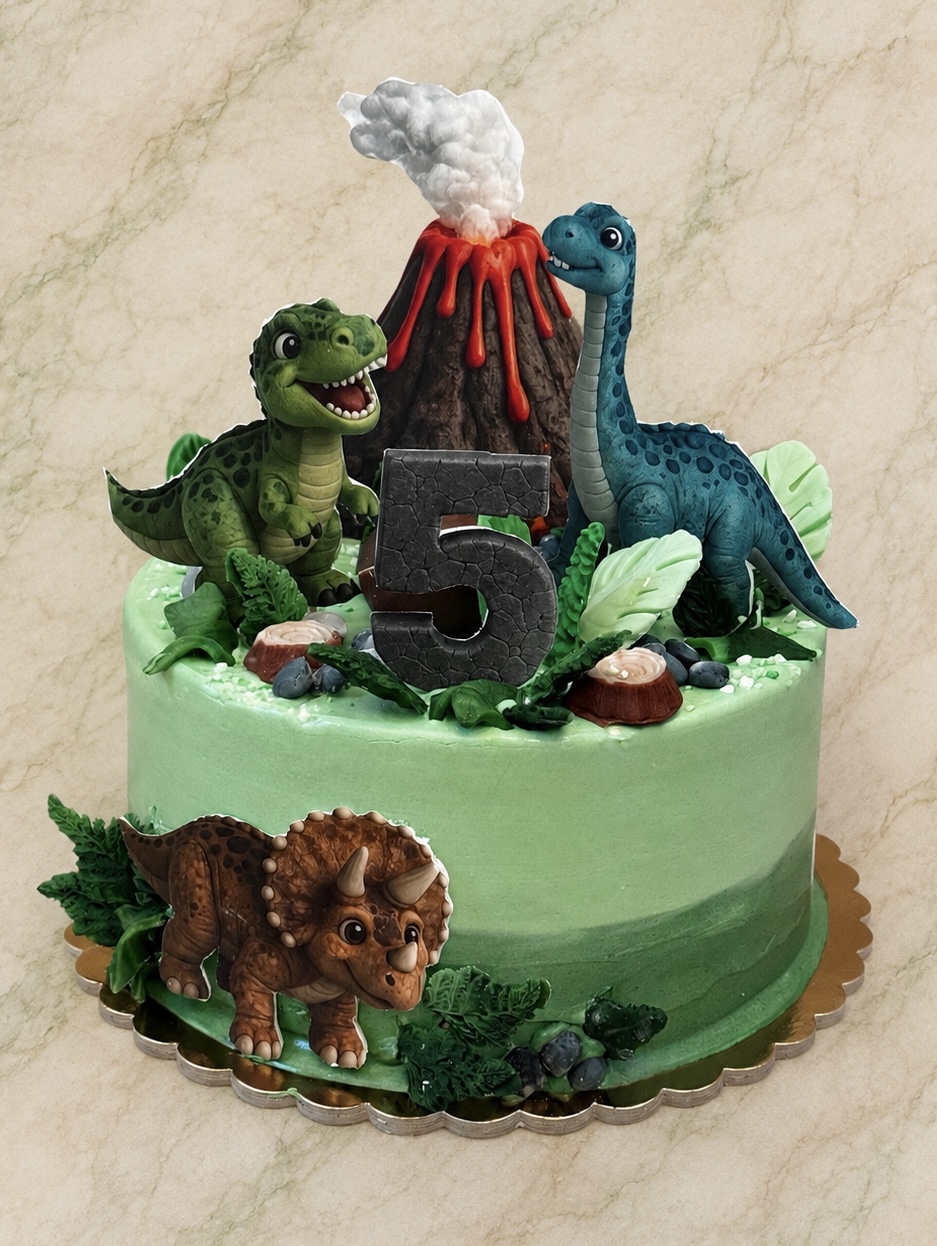 Zöld dínós torta vulkánnal és dinoszauruszokkal
