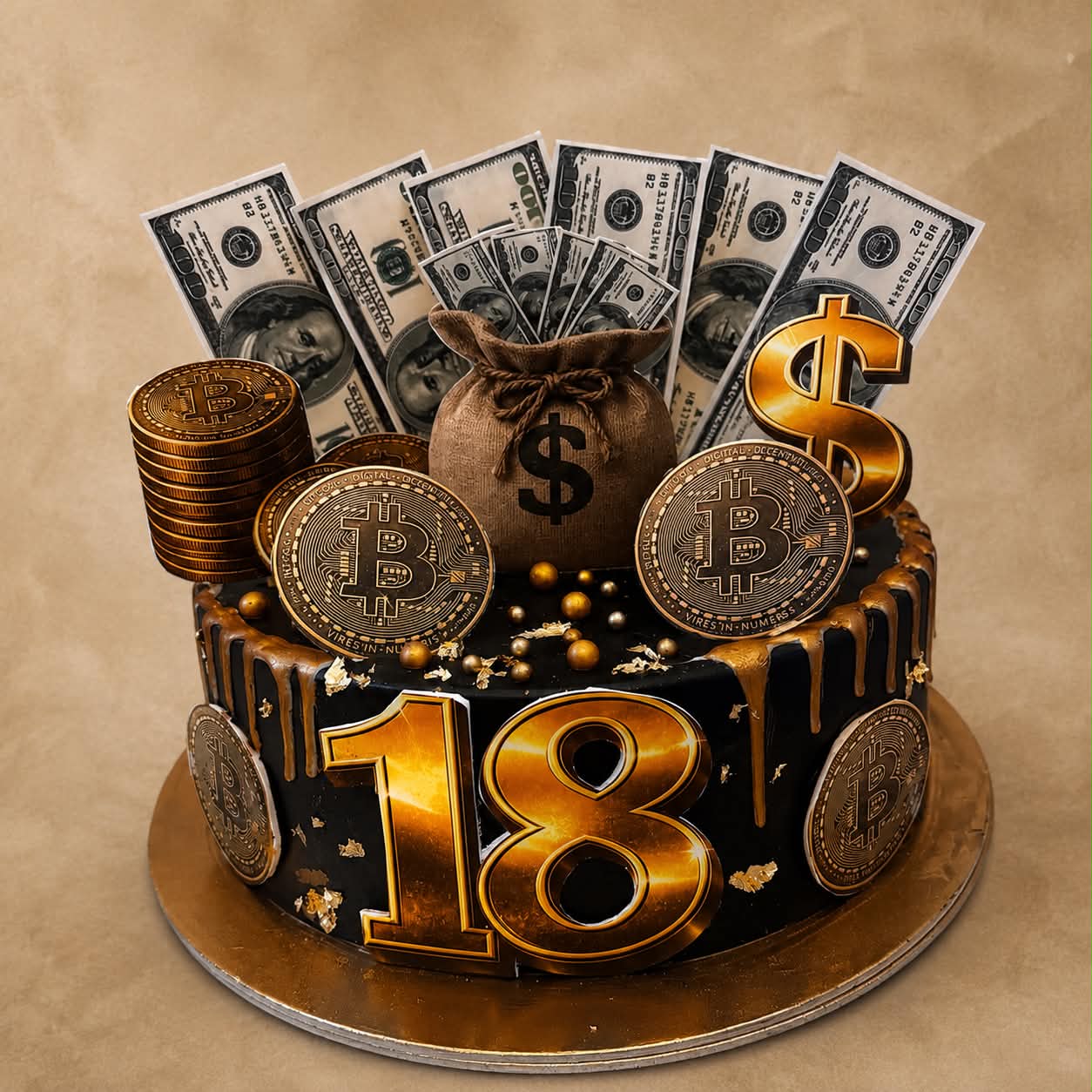 Fekete-arany dolláros témájú 18. szülinapi torta érmékkel és bankjegyekkel