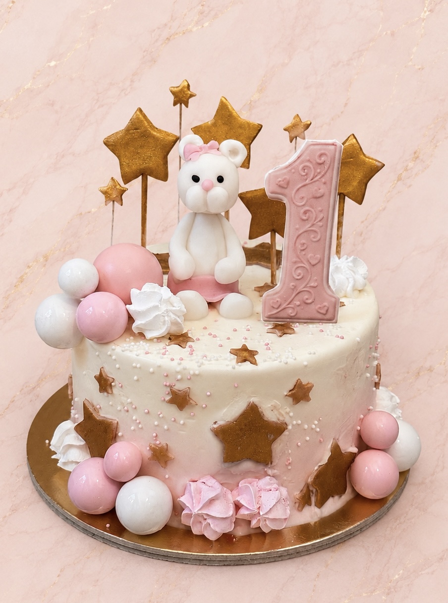 Rózsaszín macis első szülinapi torta csillagokkal és egyes számmal