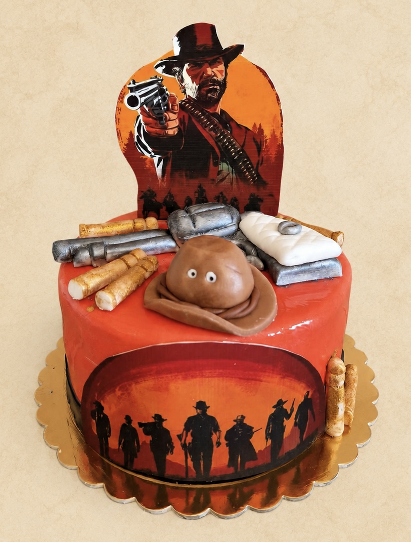 Piros vadnyugati torta cowboykalappal és ehető képekkel